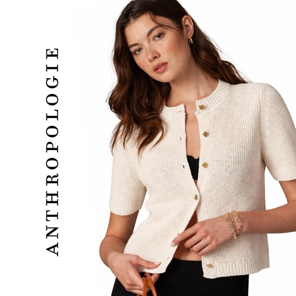 Anthropologie Maeve Short-Sleeve Button-Front Cardigan Sweater - Picture 2 of 12